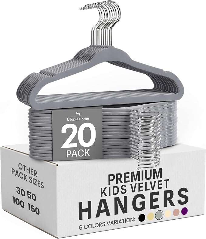 Utopia Home Kids Velvet Hanger 20 Pack – 11" Premium Baby Hangers - Grey | Premium Non-Slip Baby Hangers for Baby and Toddlers, Durable Ultra-Slim Space-Saving Closet Organizers by UTOPIAHOME