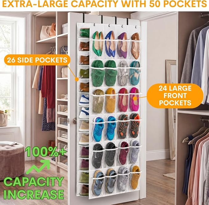 40-50 Pairs Over the Door Shoe Organizer, Large Double-Sided Pockets Hanging Shoe Rack, Space-Saving Closet Door Organizer Fits Boots,Sneakers or Larger Shoes,Shoe Storage for Bedroom, Closet,Entryway - Image 2