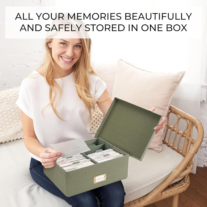 Decorative Photo Storage Box - Sturdy Linen Organizer Holds 1700 Photos | Organizer with Dividers Stores Up to 1700 4x6 Pictures - Portable Scrapbook Storage Containers with Lid - Image 3