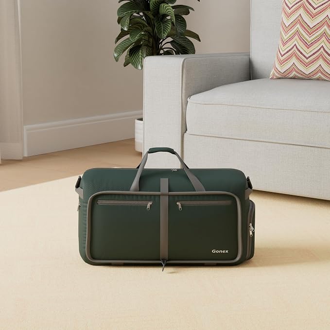 Gonex 80L Foldable Travel Duffle Bag with Shoe Compartment, Lightweight | 210D Nylon, Water-Repellent, Folds Compact, Multiple Pockets, Luggage Sleeve, Weekend Trips & Camping, Dark Green - Image 2