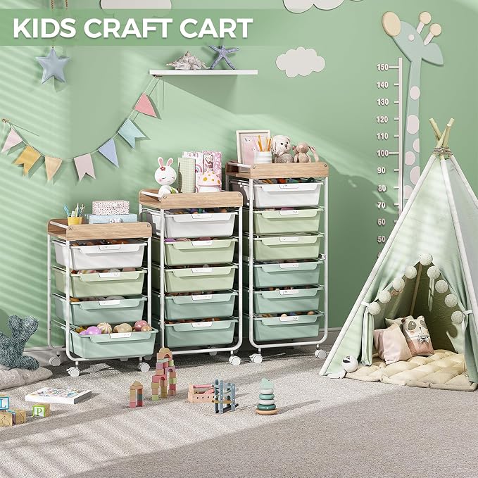 SYKIARIOL Rolling Storage Utility Cart with 4 Drawers,Art Cart,Green | Kids Craft Cart,Makeup Organizer and Storage with Wooden Tabletop - Image 5