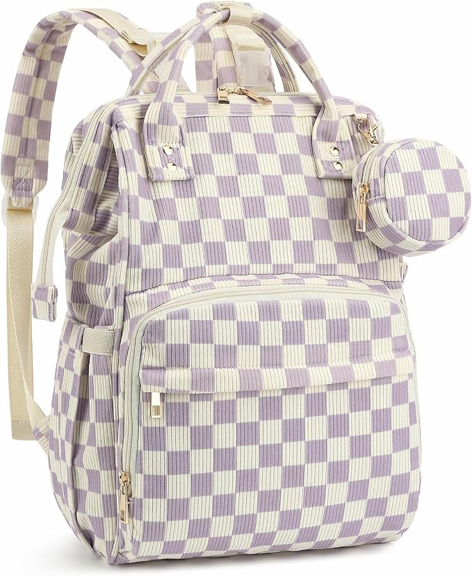Corduroy Diaper Bag Backpack, Large Capacity Multifunction Baby Diaper Bags for Women, Insulated Bottle Pockets & Pacifier Case, Stylish Travel Nappy Changing Bags for Mom Dad (Checkered Purple) by Unknown