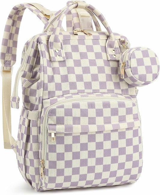 Corduroy Diaper Bag Backpack, Large Capacity Multifunction Baby Diaper Bags for Women, Insulated Bottle Pockets & Pacifier Case, Stylish Travel Nappy Changing Bags for Mom Dad (Checkered Purple) by Unknown