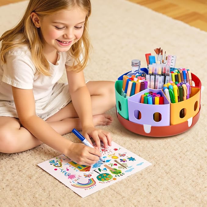 GAMENOTE Rotating Art Supply Organizer, Lazy Susan Caddy, Large | Rotating organizer keeps markers, crayons and craft supplies visible and easy to reach on classroom or home desks - Image 2