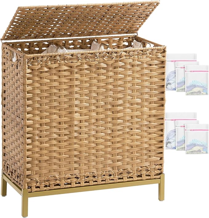 SETVSON Laundry Hamper with Lid, 35 Gal 3-Bag Clothes Sorter, Natural | Large Family Laundry Trunk with Lid, 3 Compartment Sorting Liner, 6 Wash Bags, Elevated PE Rattan Bin with Handles by SETVSON