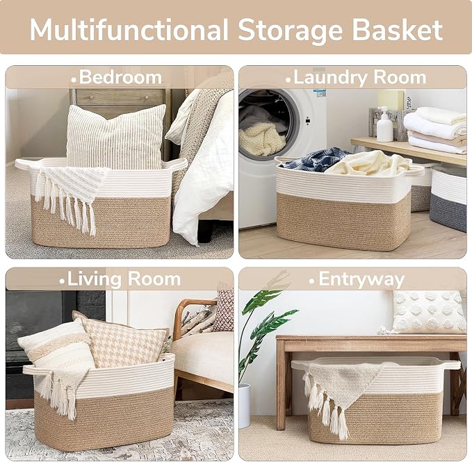 Goodpick Large Woven Rope Blanket Basket, Rectangle, White & Light Brown | 21.6" × 14.9" × 11.8" Storage Basket for Pillows & Toys Laundry, Nursery & Living Room Organization, Reinforced Handles - Image 4