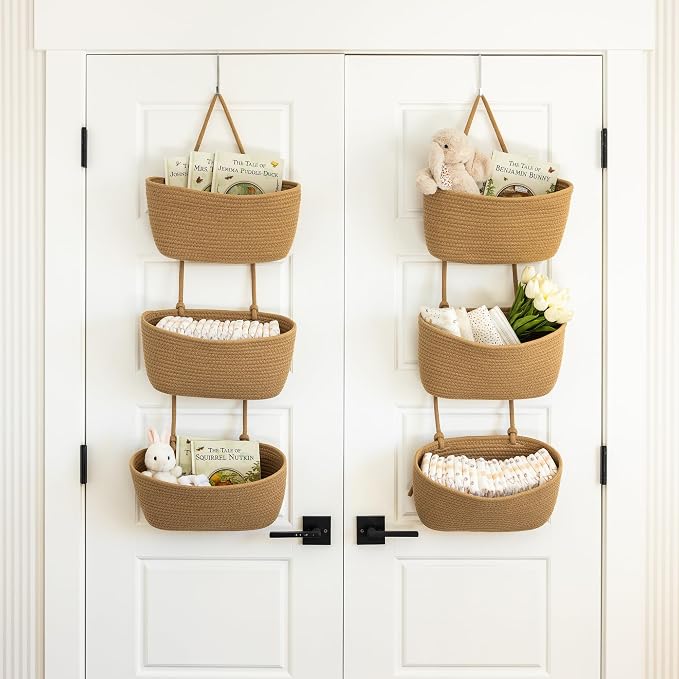 3-Tier Over the Door Hanging Basket (Set of 2) Adjustable, Detachable Woven Storage Baskets with Wall and Door Hooks - Decorative Boho Organizer for Nursery, Playroom, Bedroom, Kitchen, Apartment - Image 3
