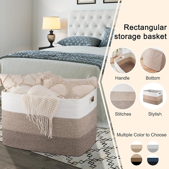 OIAHOMY 118L Extra Large Blanket Basket, Rectangle Woven Cotton Rope Storage Basket,Used for storing Dirty Clothes, Stuffed Animal Toy Storage for Living Room,Kids Room,25" x 17" x 16", Gradient Brown - Image 6