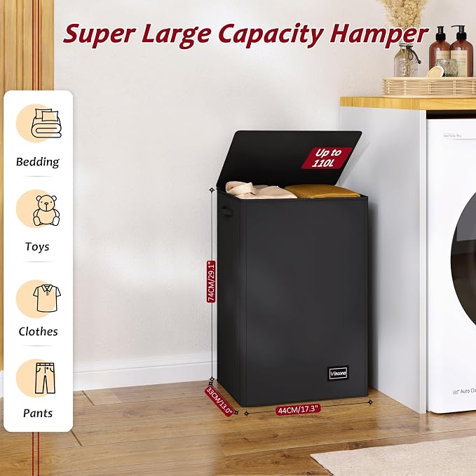 110L Laundry Hamper with Lid, Reinforced Sturdy Large Laundry Hamper with Handle and Lid, Collapsible Clothes Basket Organizer with Removable Liner Bag, Tall Dirty Clothes Bin for Dorm Bedroom - Image 2