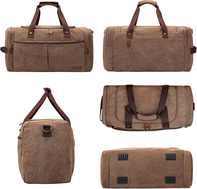 S-ZONE Canvas Duffel Bag for Travel Weekender Overnight Travel Bags for Men | Cotton Canvas, 45L Large Size, Shoes Compartment,Multi-Pocket, Removable Shoulder strap for Gym or Business, Coffee - Image 6