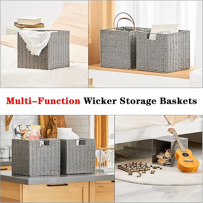 Wicker Basket, Set of 2 Hand-Woven Wicker Storage Basket, Foldable 11 inch Cube Storage Bins, Storage Baskets for Organizing Shelves, Closet Organizers and Storage Bins, Gray (11″×11″×11″) - Image 4