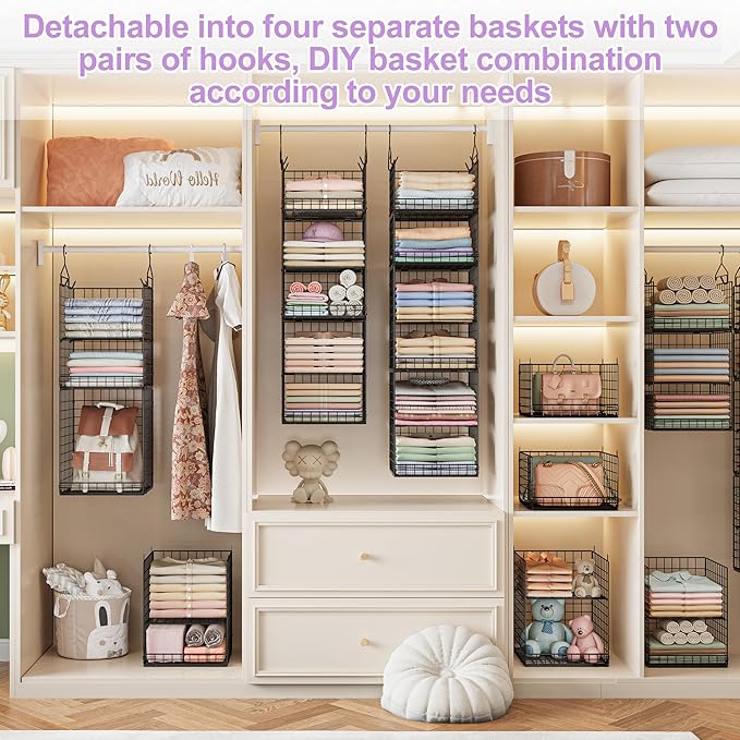 6 Tier Hanging Closet Organizers and Storage Stackable Hanging Closet Shelves with 4 Hooks 2 Adjustable Dividers, Wire Storage Basket Bins for Clothing Purse Sweaters Shoes Socks Dolls, Foldable - Image 5