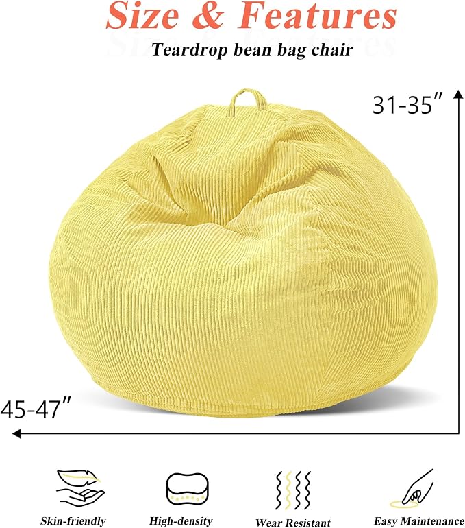 4FT Bean Bag Chair for Adults,Large Teardrop Beanbag with Filler | Beanbag Chair with Memory Foam Filled,Bean Bags with Handy Handle&Machine Washable Cover for Living Room,Bedroom-Yellow - Image 2