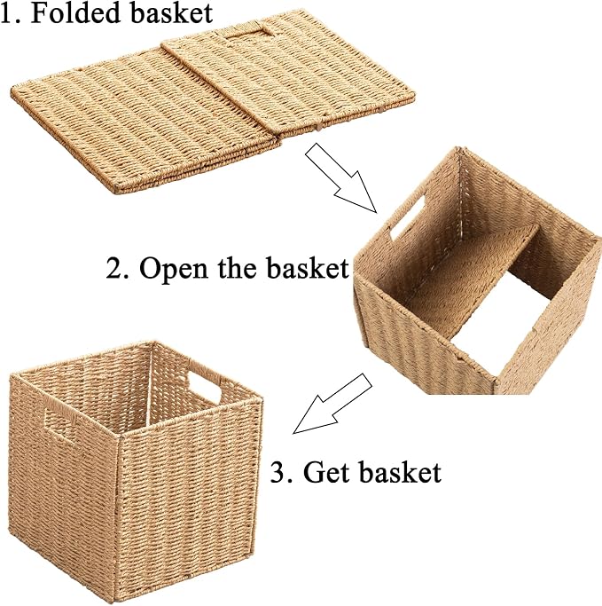 Foldable Storage Baskets with Handles Paper Rope Storage Baskets Rectangle Collapsible Hand Woven Storage Cubes Bins for Organizing Shelves Living Room Bedroom Pantry (4, 13'' x 13'' x 13'') - Image 7