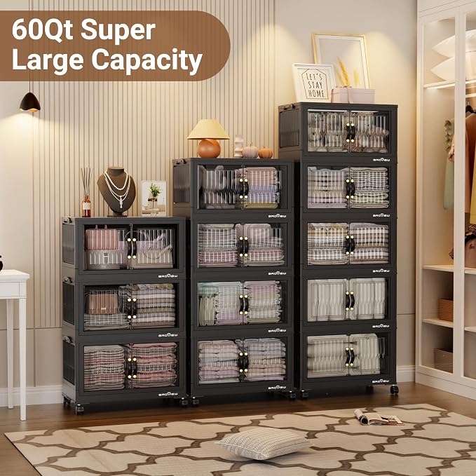 BROVIEW 180Qt Stackable Storage Bins with Lid, Extra Large Closet Organizer Collapsible Drawer Boxes with Wheels, Folding Plastic Cabinet Containers for Home Kitchen Room Organization, 3Pack Black - Image 5