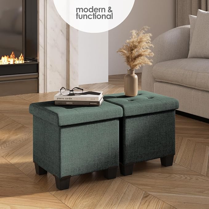 Storage Ottoman Cube with Small Bin, 15-in Square Ottoman with Storage for Living Room and Bedroom, Small Ottomans Foot Rest, Fabric Foot Stools Ottomans Max 330lbs, Green - Image 2