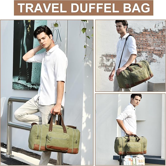 Litvyak 50L Canvas Duffle Bag for Travel Weekender Gym Overnight Carry-on | Expandable, Eco Certified, Leather Accents, Toiletry Bag Inclued, Travel Weekend Luggage Sports Duffel Bag for Women Men - Image 2