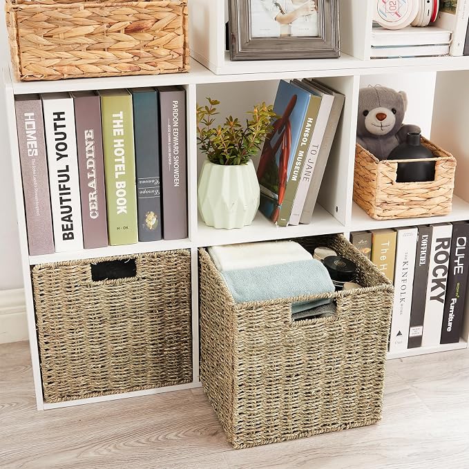 Wicker Storage Basket, Set of 2 Seagrass Storage Baskets, Foldable Wicker Basket 9 Inch Square Cube Storage Bins Storage Baskets for Organizing Shelf Baskets, 9''x9''x9'' - Image 2
