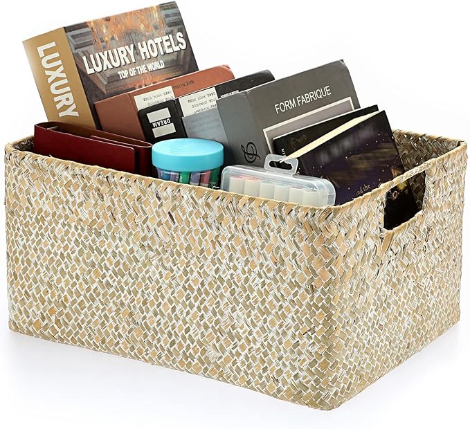 Hipiwe Seagrass Storage Basket Bin Rectangular Handwoven Wicker Storage Box with Handle Opened Baskets for Shelf Organizing Closet Bathroom, 13.3 x 9.8 x 6.7 Inch - Image 9