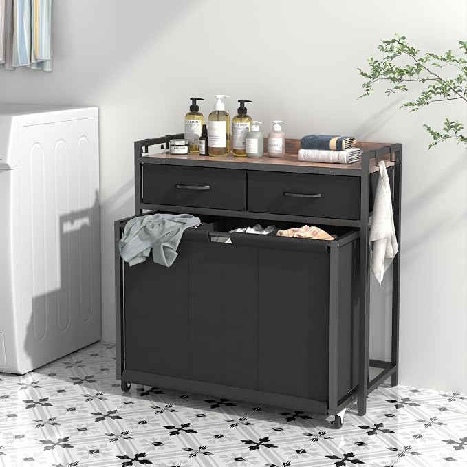 STIKELY Laundry Hamper Laundry Basket with 3 Section Pull-Out Rolling Bags, Laundry Sorter for Organization and Storage with 2 Pull-Out Drawers for Laundry Room, Bathroom, Bedroom Use (Rustic Brown) - Image 2
