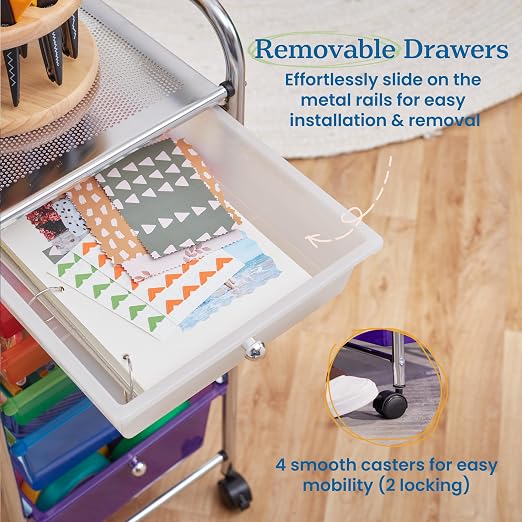ECR4Kids 6-Drawer Everyday Rolling Utility Storage Cart, Mobile Organizer, Assorted | Durable plastic bins, steel frame, GREENGUARD Gold Certified, 50 lb capacity, rolling casters, craft supplies, office, home - Image 6