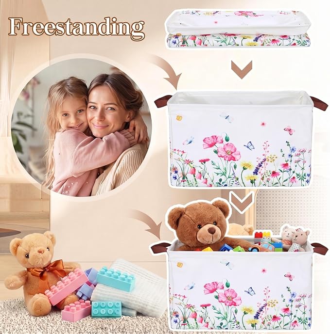 Fourluoo 12 Pack Floral Storage Basket with Handles Clothes Storage Basket Bin Foldable Box Bins Organizer for Closet Shelf Nursery Kid Room Book Toy Chest - Image 4