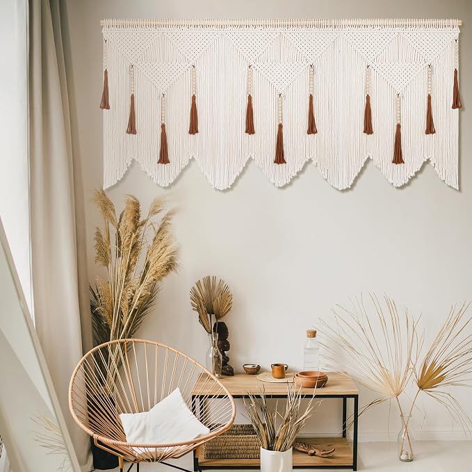Large Macrame Wall Hanging, Boho Woven Tapestry with Wood Bead Tassel | Minimalist Above Bed Decor, Bohemian Wall Art, Handmade Cotton Woven, for Bedroom Living Room Apartment - Image 5