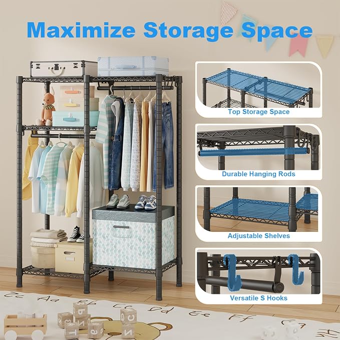 F1 Garment Rack for Kids, Baby, Students, and Children's Room, 4 Tiers Freestanding and Portable Heavy Duty Closets, Small Metal Clothes Rack with 2 Hanging Rod, 31.2" W x 11.8" D x 48" H, Black | Small Clothing Racks with 2 Hanger Rods for Hanging Bab... - Image 5