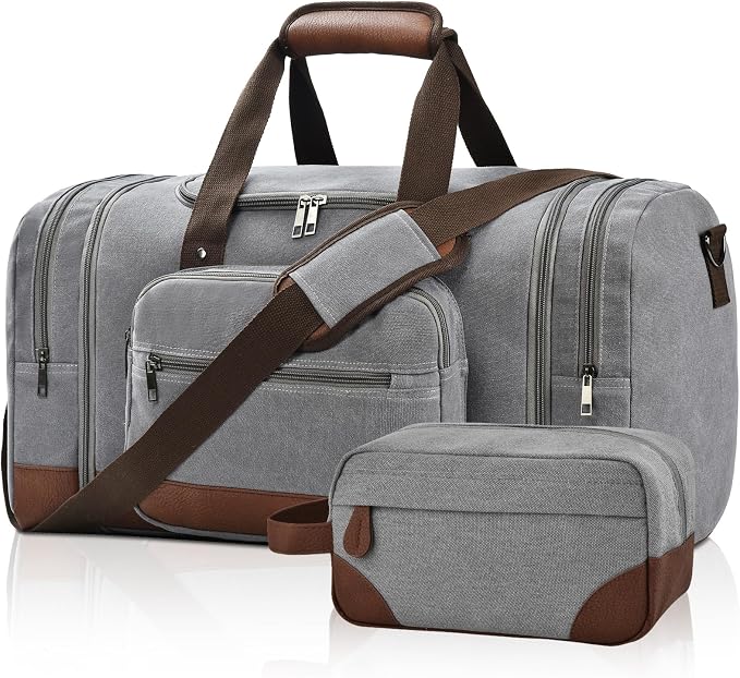 Litvyak 50L Canvas Duffle Bag for Travel Weekender Gym Overnight Carry-on | Expandable, Eco Certified, Leather Accents, Toiletry Bag Inclued, Travel Weekend Luggage Sports Duffel Bag for Women Men by Litvyak