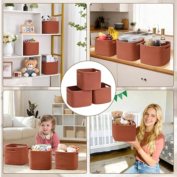 3 Pack Cube Storage Bin, 9”x9”x7” Cotton Rope Woven Baskets for Organizing Toys Clothes Towels, Square Gift Storage Baskets for Shelves, Nursery, Closet, Bathroom, Pantry (Red) - Image 8