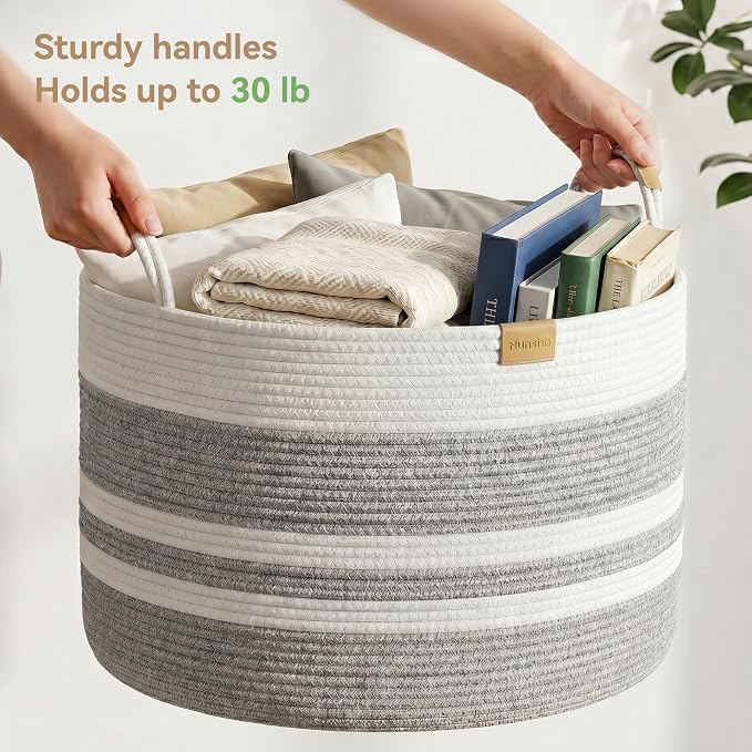 Nunsino 115L Woven Blanket Basket with Leather Handles, Cotton Rope Laundry Basket Hamper,Decorative Nursery Basket Toy Storage Basket for Kids, Living Room, Bedroom,Gray White Stripes - Image 5