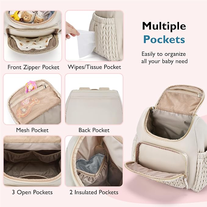 mommore Diaper Bag Backpack, Stylish Mini Baby Bag with Changing Pad | Insulated Pockets & Stroller Straps Small Diaper Backpack Compact Maternity Bag for Baby Essentials, Hospital & Daily Work - Image 5