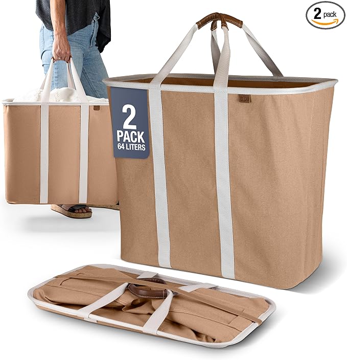 CleverMade Collapsible Fabric Laundry Hamper Premium, Mocha, 2 Pack | Upgrade Visible Laundry Storage | Refined Fabric and Vegan Leather Suit Open Rooms, While Structured Frame Carries 2 Loads by CleverMade