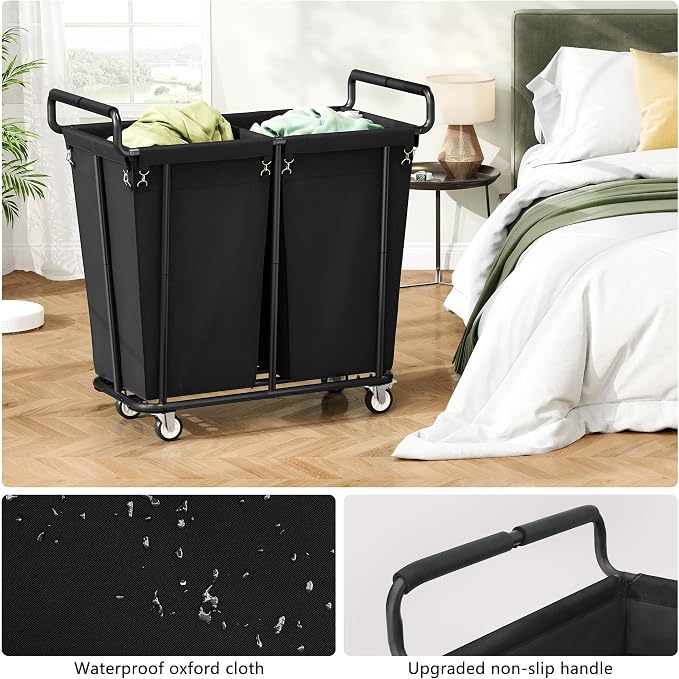 Gewudraw Heavy Duty Laundry Hamper with Wheels 2 Section, 360L, Black | Big Rolling Laundry Basket Sorter Cart, Extra Large Clothes Hamper, Laundry Basket Organizer for Laundry Room, Bathroom - Image 7