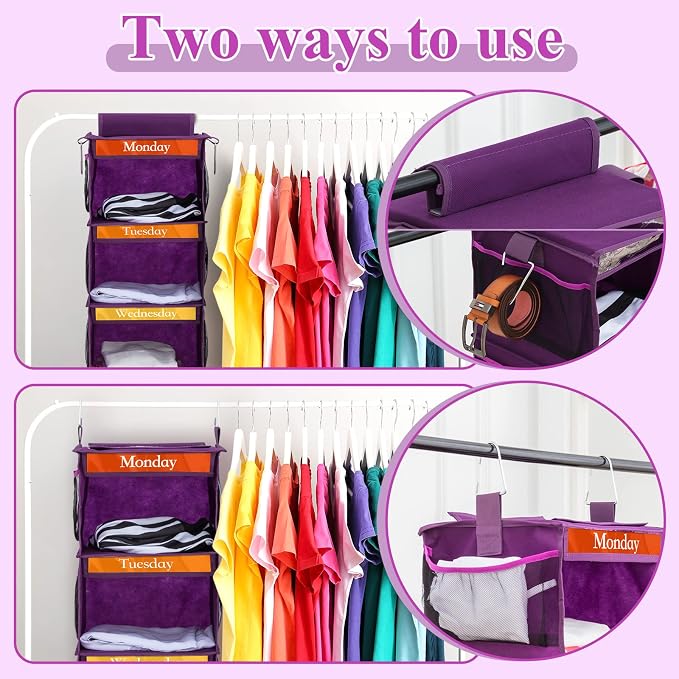 2 Pcs 6 Shelf Hanging Weekly Clothes Organizer for Kid,Purple | Closet Organization, Hanging Closet Shelves with Side Pockets, Labeled Shelves with Days of The Week Monday Through Weekend - Image 4