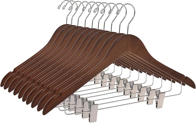 Quality Wooden Skirt Hangers with Clips, 10-Pack Smooth Solid Wood Pants Hangers with Durable Adjustable Metal Clips, Swivel Hook, Coat, Jacket, Blouse Suit Hangers (Walnut - Chrome Hook, 10) by QualityHangers