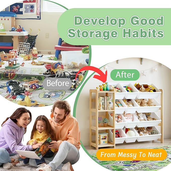 MallBest Toy Storage Organizer with Bookshelf, Kids Wooden Shelf with 12 Removable Bins for Books, Toys, Playroom, Nursery, Bedroom, Natural, Medium - Image 7