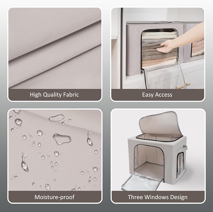 GuliPostan 3 Pack 40L Stackable Clothes Storage Bins with Metal Frame Handles & Zipper, Collapsible Closet Organizer Box with Lid for Bedding Blankets Towel (Light Grey) - Image 4