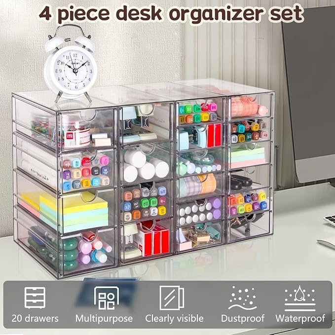 VZKAH Clear Acrylic Desk Organizer with 20 Drawers, 4 Modular Units | 4-piece clear drawer set for office supplies, crafts, makeup, and small daily items on desks, vanities, counters - Image 7