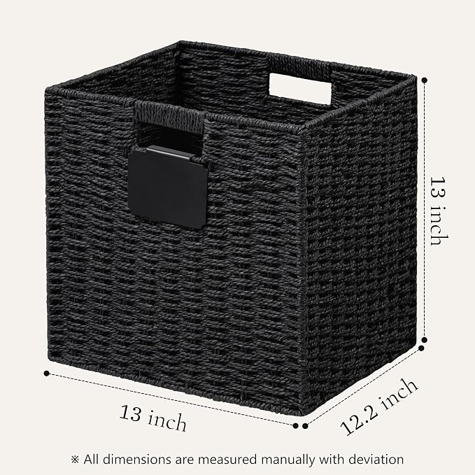 UBBCARE 4 Pack Wicker Basket, 13×13 Storage Cubes with Label, Foldable Cube Storage Bin with Handle, Square Storage Basket for Shelves, Woven Paper Rope Basket for Organizing, Black - Image 2