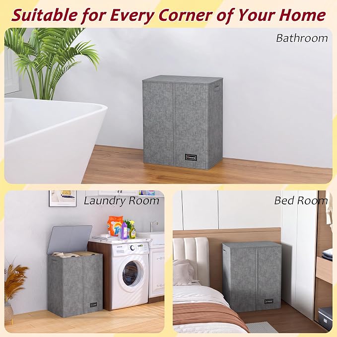 135L Laundry Hamper 2 Section, Large Laundry Hamper with Lid, Dirty Clothes Hamper with 2 Removable Inner Bags, Collapsible Laundry Basket Organizer for for Clothes Toys Towels, Hamper 2 Compartment - Image 7