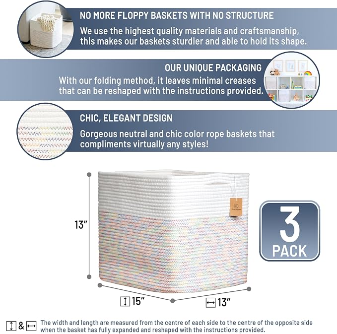 NaturalCozy 13x15x13 Kallax Storage Cubes Bins, 3 Pack | Cotton Rope Cube Storage Bin Woven Baskets for Organizing | Kallax Insert Storage Baskets for Shelves Organizer, Kids Toy, Closet Baby Nursery - Image 2
