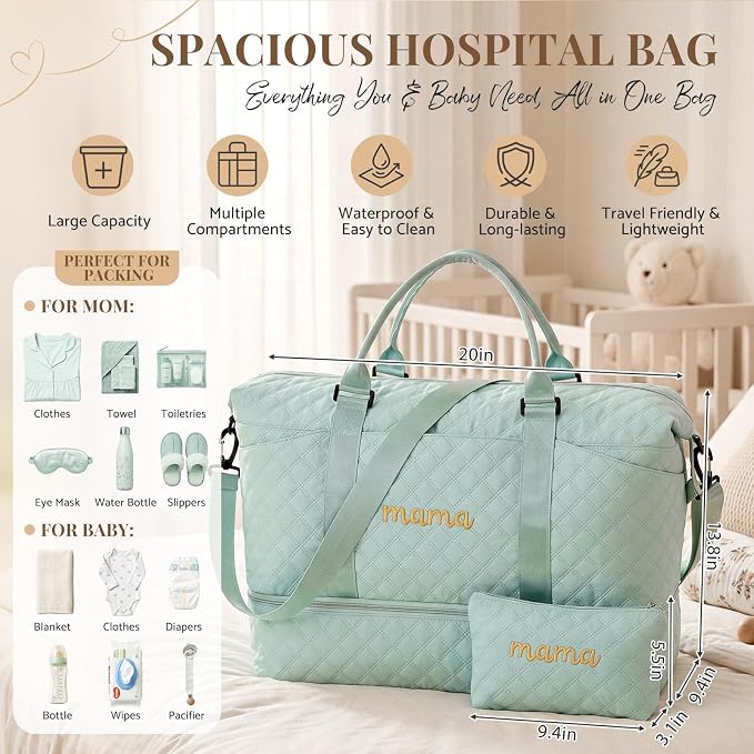 Dansydaisy Mama Hospital Bag for Women Labor Delivery,Green | Travel Duffle Bag with Shoe Compartment and Toiletry Pouch Waterproof Weekender Bag for Women Pregnancy Overnight Gym Gift - Image 3