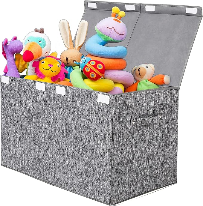 Large Toy Box Storage with Lid, Collapsible Sturdy Toy Chest Storage Bin | Toy Storage with Rivets Handles for Kids, Boys, Girls, Nursery, Playroom, Living Room, Bedroom, 25"x 13" x 16" (Linen Gray) by popoly
