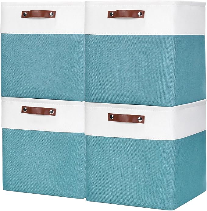 13x13 Cube Storage Bins, Collapsible Fabric Storage Box, 4 Pack Closet Baskets with Handles for Organizing, Shelf, Toys, Clothes, Home, Office, Nursery (Teal&White) by Bagnizer