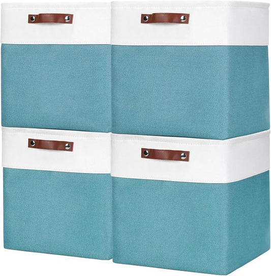 13x13 Cube Storage Bins, Collapsible Fabric Storage Box, 4 Pack Closet Baskets with Handles for Organizing, Shelf, Toys, Clothes, Home, Office, Nursery (Teal&White) by Bagnizer