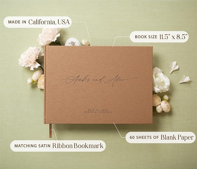 Personalized Guestbook in Bronze Shimmer - Premium Custom Modern Guest Book for Wedding Reception, Birthday Party or Events w/Bookmark Blank Pages for Signing 11.5 x 8.5 inches - Image 3