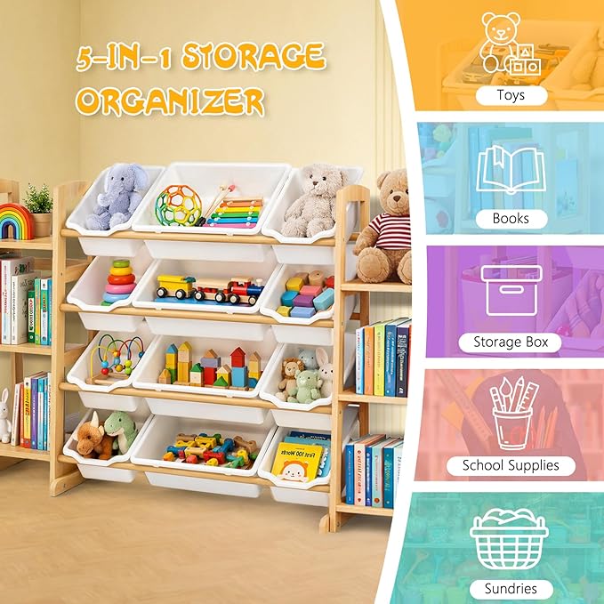 Toy Storage Organizer with Bookshelf – Wooden Toy Organizer with 12 Toy Bins & 6 Tier Bookcase,Quick Assembly Kids Bookshelf,Toy Bin for Playroom, Bedroom, Nursery– White - Image 6