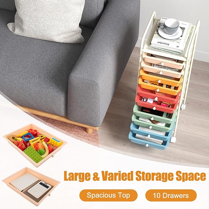 GOFLAME 10-Drawer Rolling Storage Drawer Cart, Utility Cart with Removable Drawers & Metal Frame, Mobile Art Craft Drawer Cart with Lockable Wheels for Home, Office, Studio, School, Macaron Color - Image 4