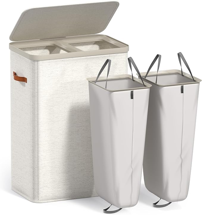 Sorbus Laundry Hamper with Lid - Collapsible 2-Compartment Fabric Laundry Basket with Handles and Removable Laundry Bag – 45 Gallon (170 L) Dirty Clothes Hamper for Bedroom, bathroom and dorm (Beige) - Image 7